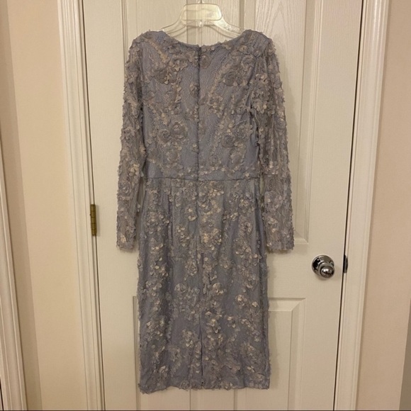 XSCAPE Metallic Lace Sheer Long Sleeve Bodycon Dress in Grey/Gold - Picture 6 of 10